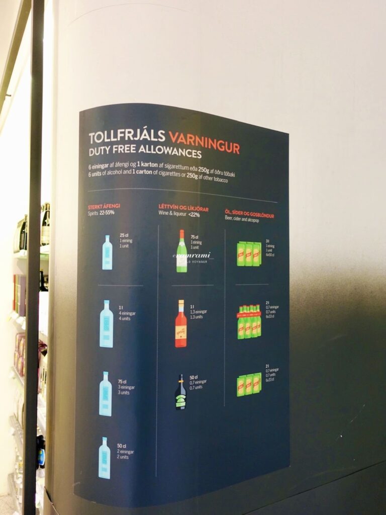 Iceland duty-free alcohol allowance unit chart at Keflavik Airport