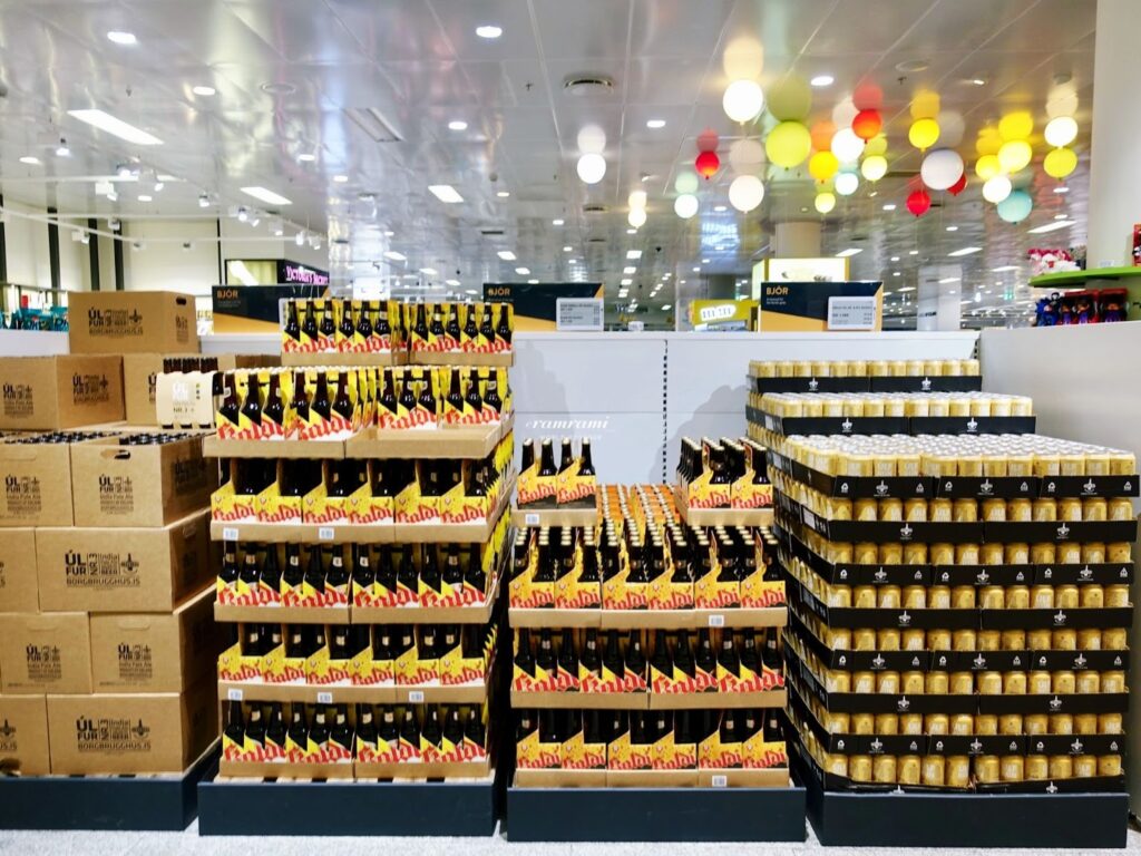Low-alcohol and non-alcoholic beer shelves at an Iceland supermarket