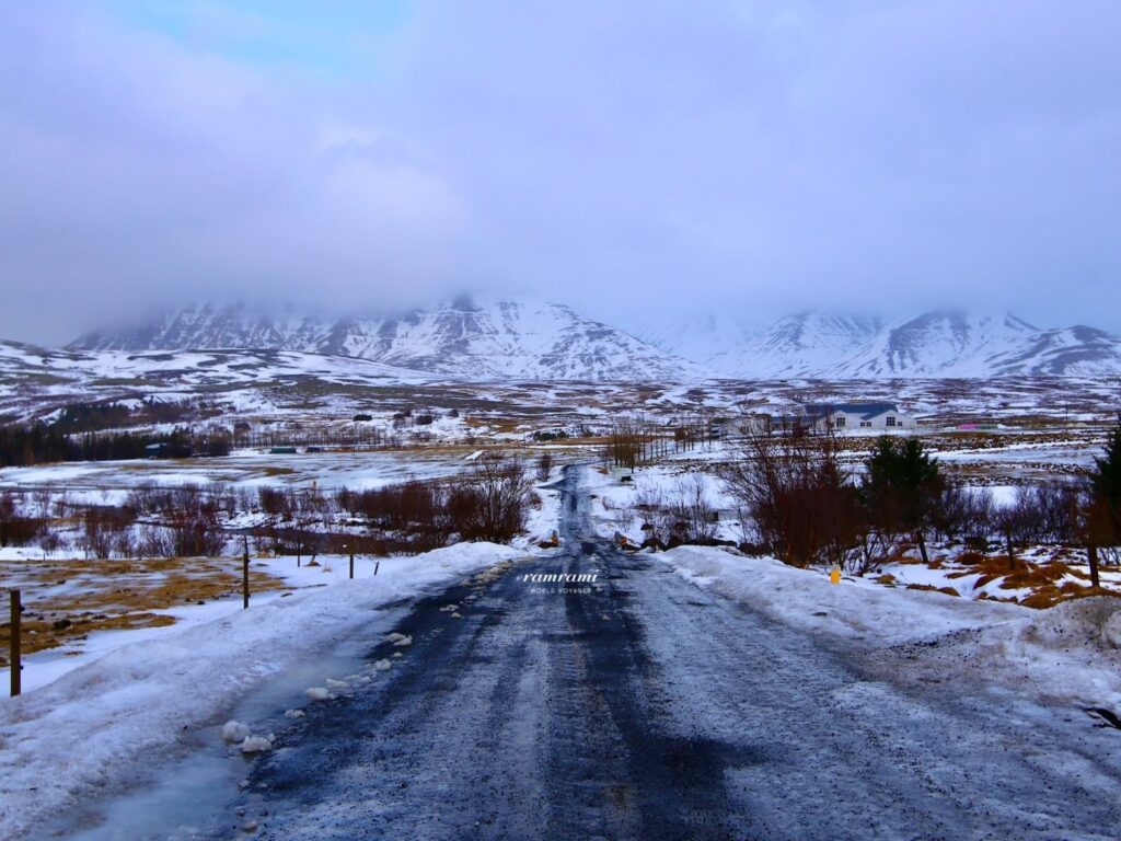 Iceland winter driving on Ring Road with snowy road conditions