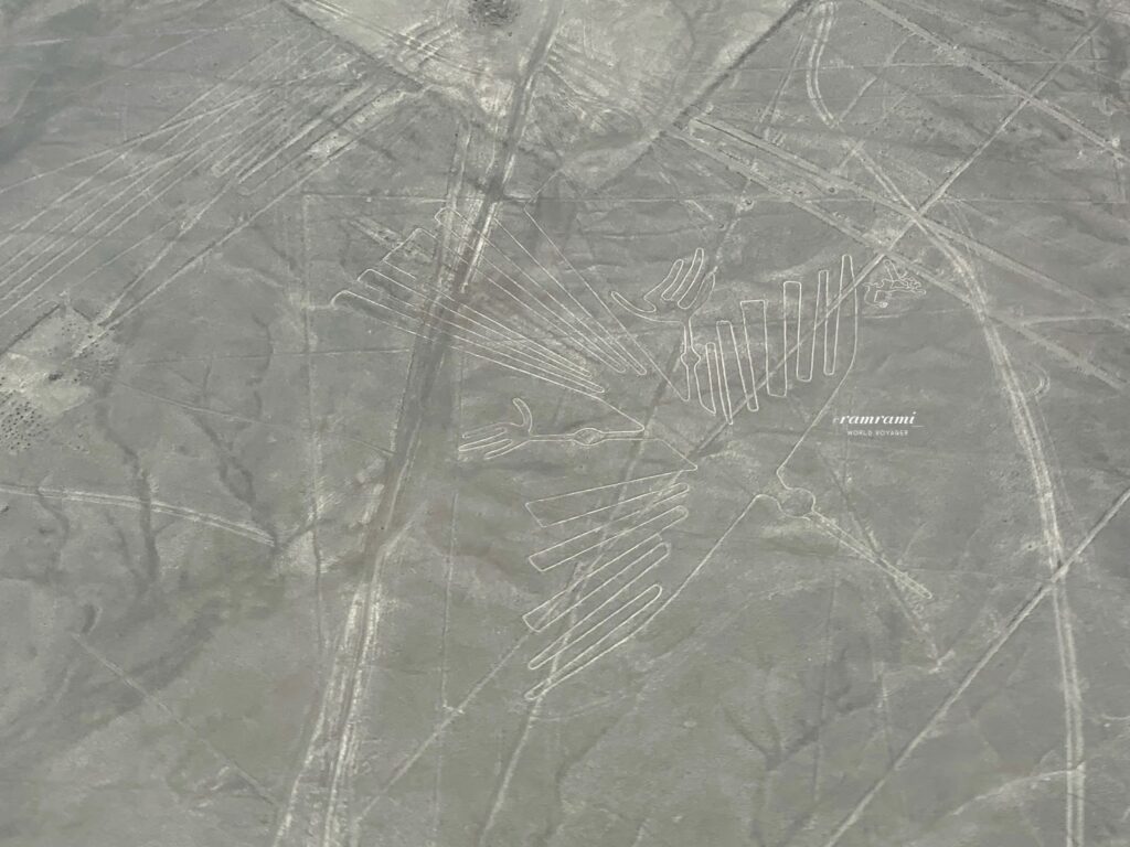 Aerial view of Hummingbird geoglyph during Nazca Lines flight in Peru