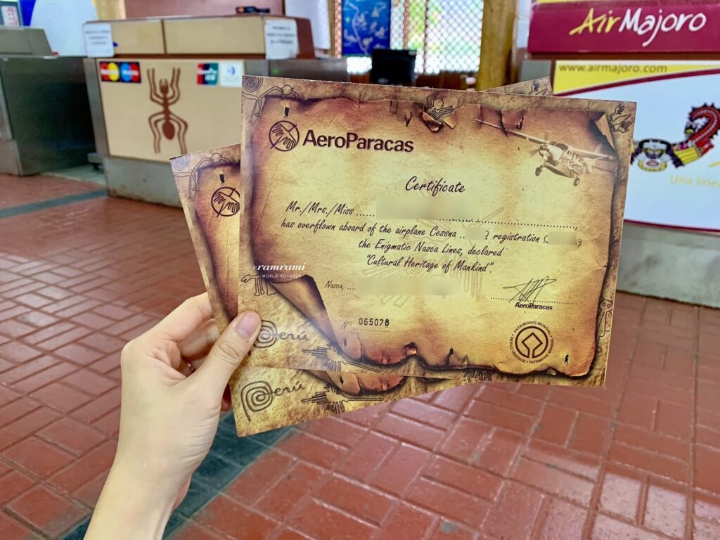 Certificate received after completing Nazca Lines flight at Maria Reiche Airport